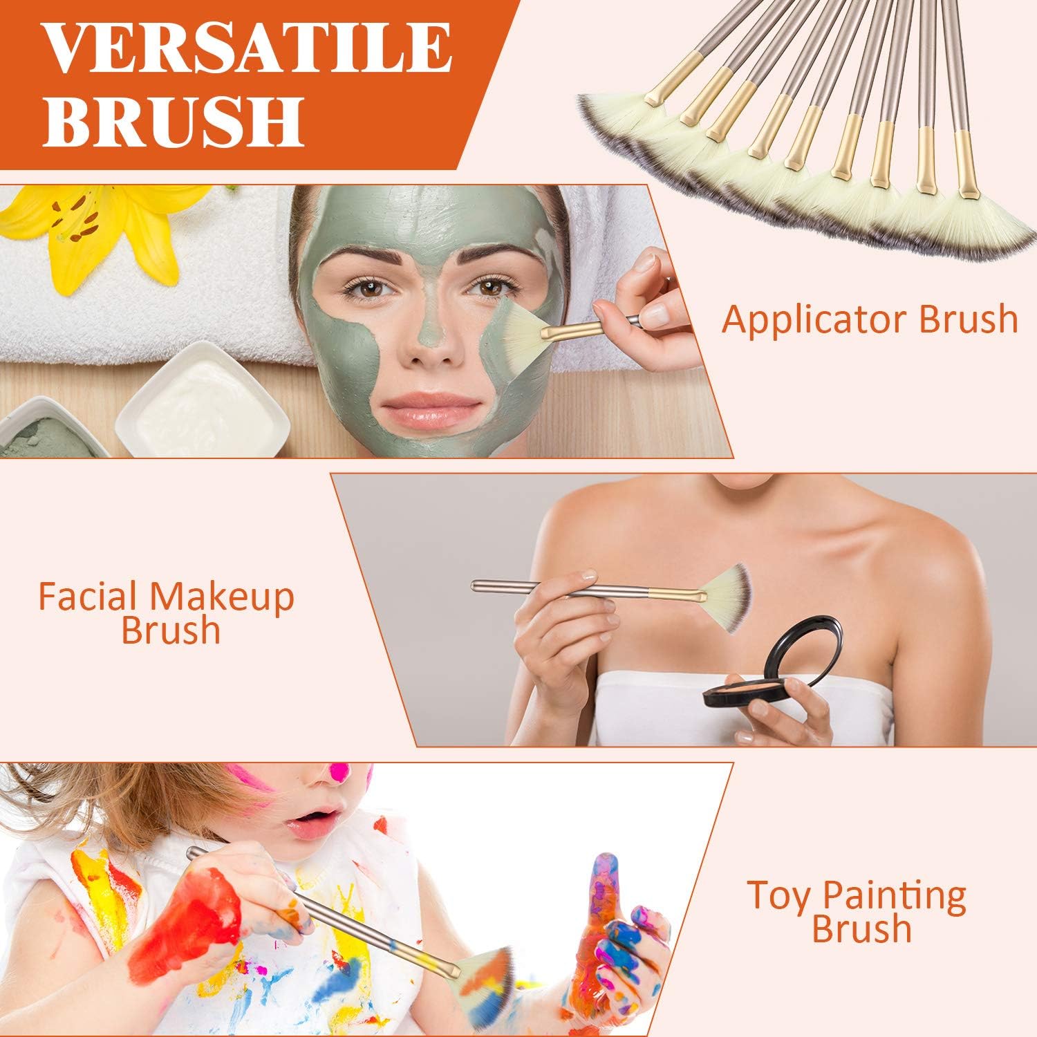 9 Pieces Facial Fan Mask Brushes, Soft Facial Applicator Brushes Tools for Peel Glycolic Makeup for Mud Cream (Champagne)