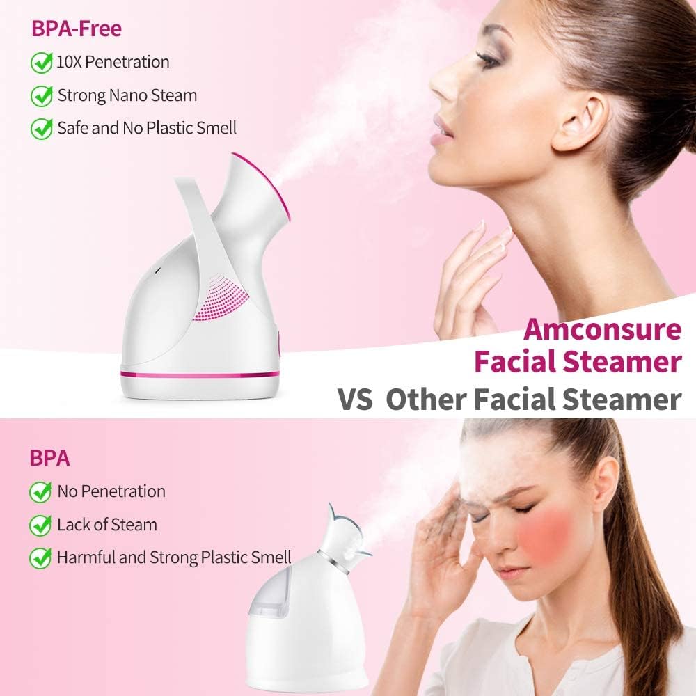 Amconsure Facial Steamer - Nano Ionic Face Steamer Warm Mist Steamer for Face Home Sauna SPA, Face Humidifier Steamer for Facial Deep Cleaning Unclogs Pores Sinuses - 5 Piece Stainless Steel Skin Kit