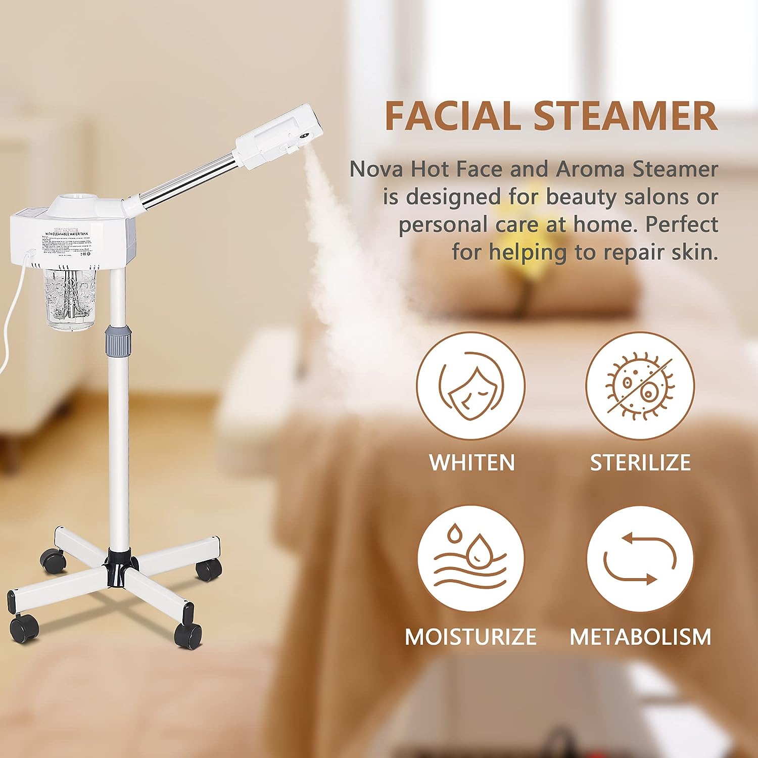 Professional Facial Steamer On Wheels Ionic Ozone with Hot Mist Function Stand for Personal Home Salon Spa Skin Cleaning