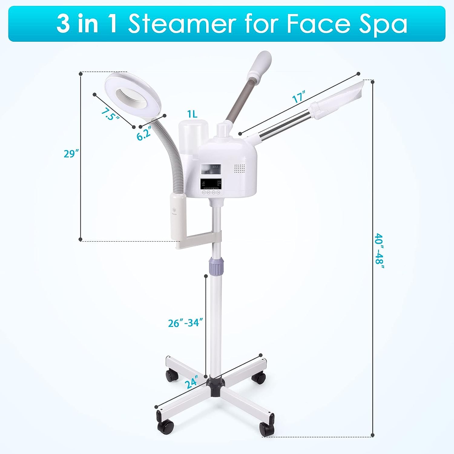Seeutek Pro Rolling Facial Steamers for Face Professional 3 in 1 Facial Steamer Humidifier with 5X Mag Lamp,Face Steamer Standing Warm Cold Mist Digital LCD Screen for Home Salon Spa