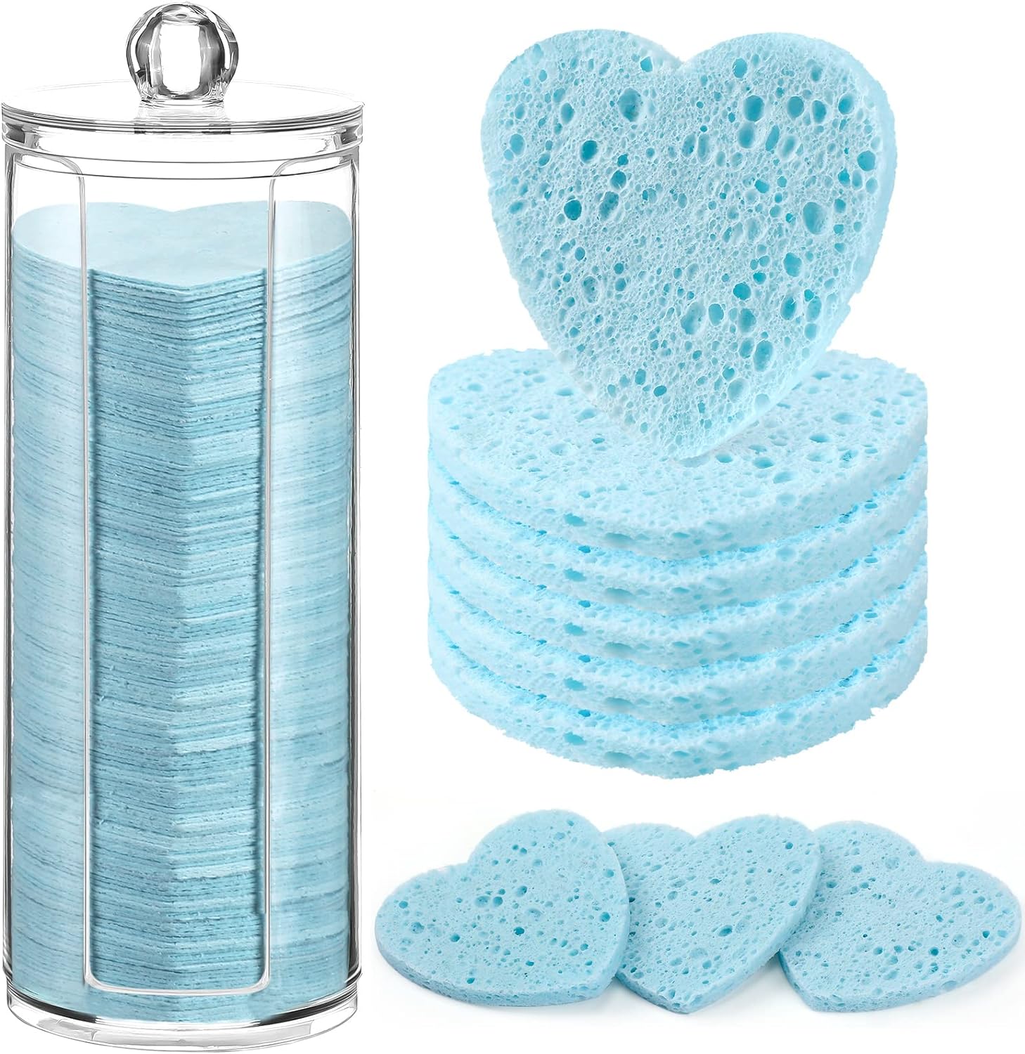 120 Pcs Compressed Facial Sponges with Container Heart Shape Face Sponge Natural Disposable Sponge Pads for Washing Face Cleansing Exfoliating Esthetician Makeup Removal (Light Blue)