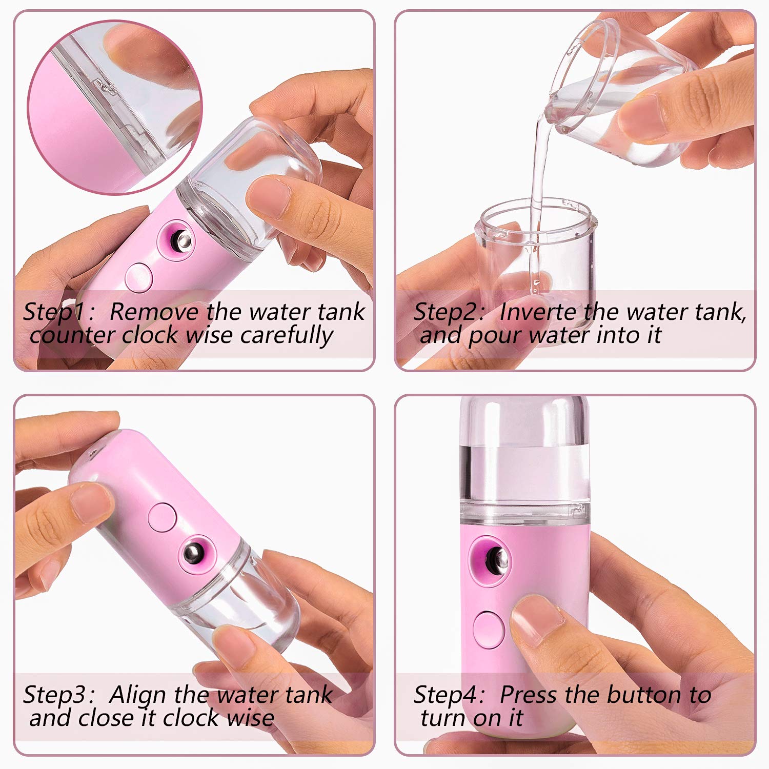 4 Pieces Nano Facial Mister Handy Nano Mist Sprayer 30ml Visual Water Tank Portable Face Steamer Mini USB Nano Mister for Lash Extensions, Skin Care, Makeup (White, Black, Light Pink, Pink)