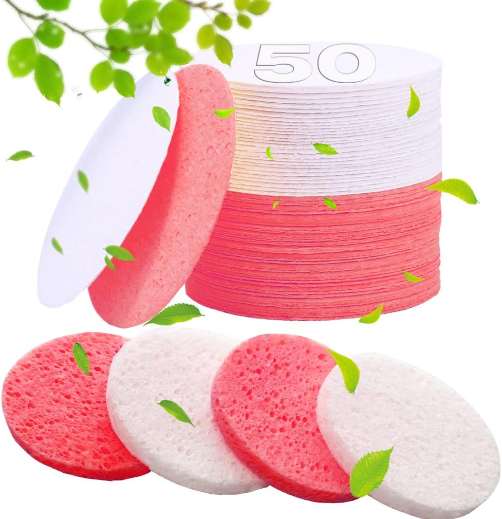 50-Count Compressed Facial Sponges for Estheticians- 100% Natural Cellulose Professional Cosmetic Spa Sponges for Face Cleansing, Massage, Pore Exfoliating, Mask, Makeup Removal (Pink)