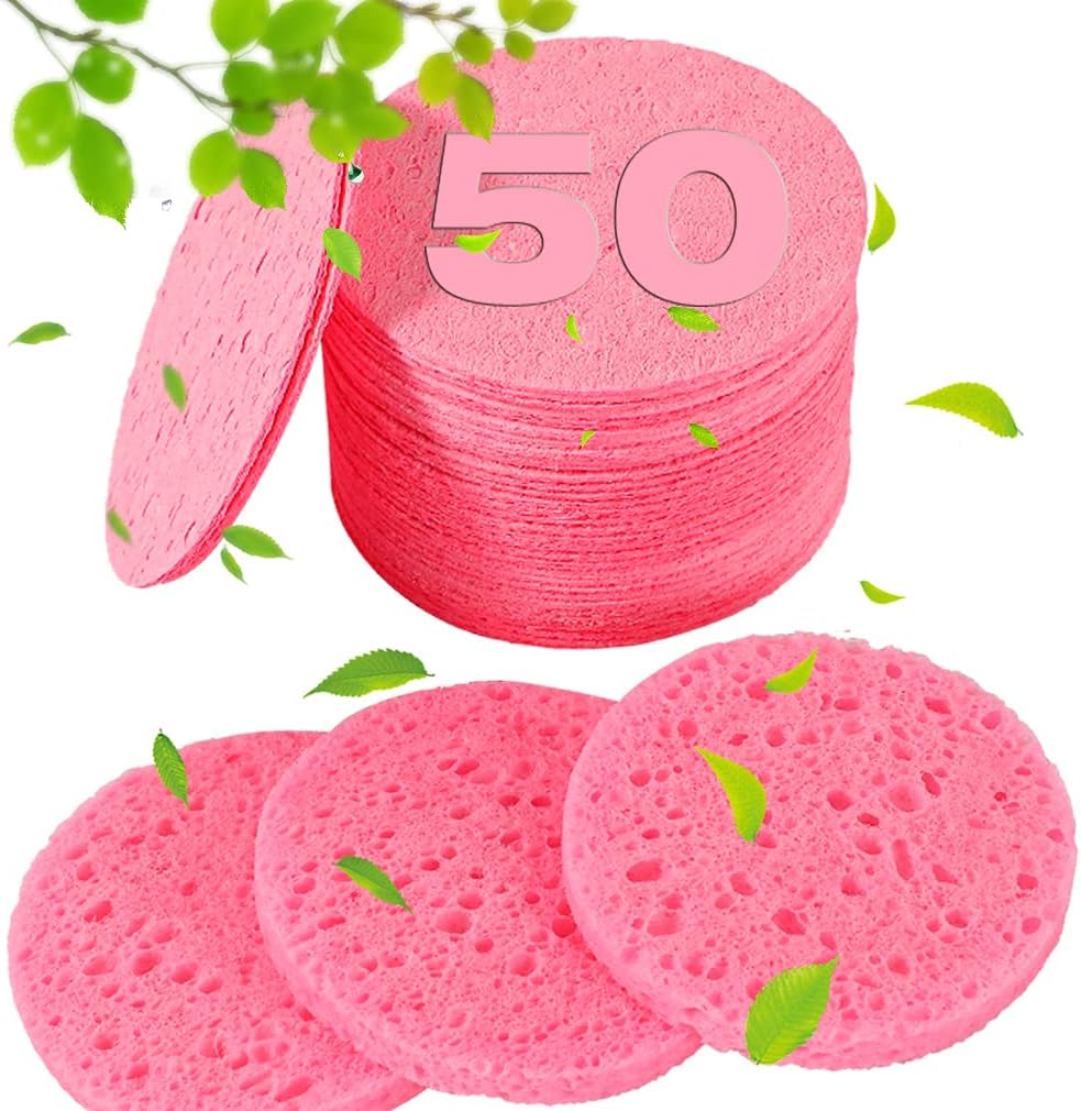 50-Count Compressed Facial Sponges for Estheticians- 100% Natural Cellulose Professional Cosmetic Spa Sponges for Face Cleansing, Massage, Pore Exfoliating, Mask, Makeup Removal (Pink)