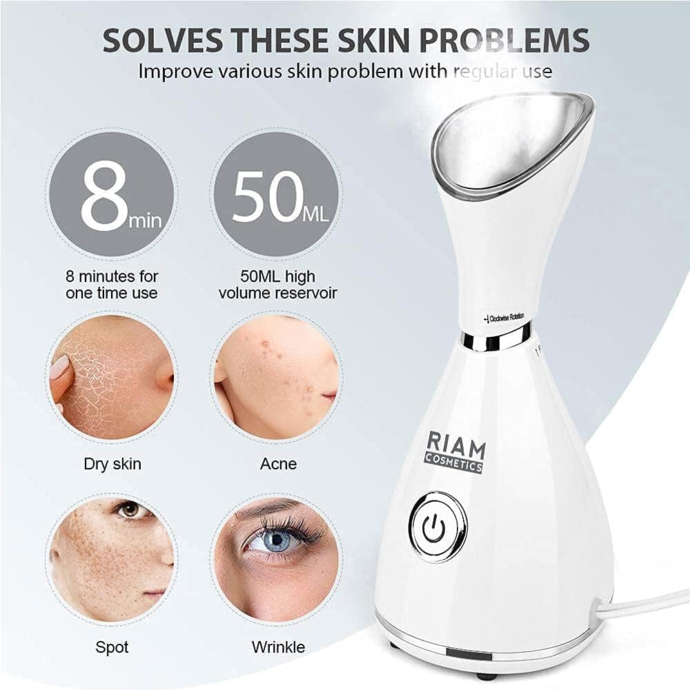 Facial Steamer RIAMCOSMETICS Nano Ionic Face Steamer Home Use Warm Mist Humidifier Steamer Face Sauna Spa Sinuses Moisturizing Deep Cleansing Pores Stainless Steel Skin Kit Blackheads Acne Skin Care