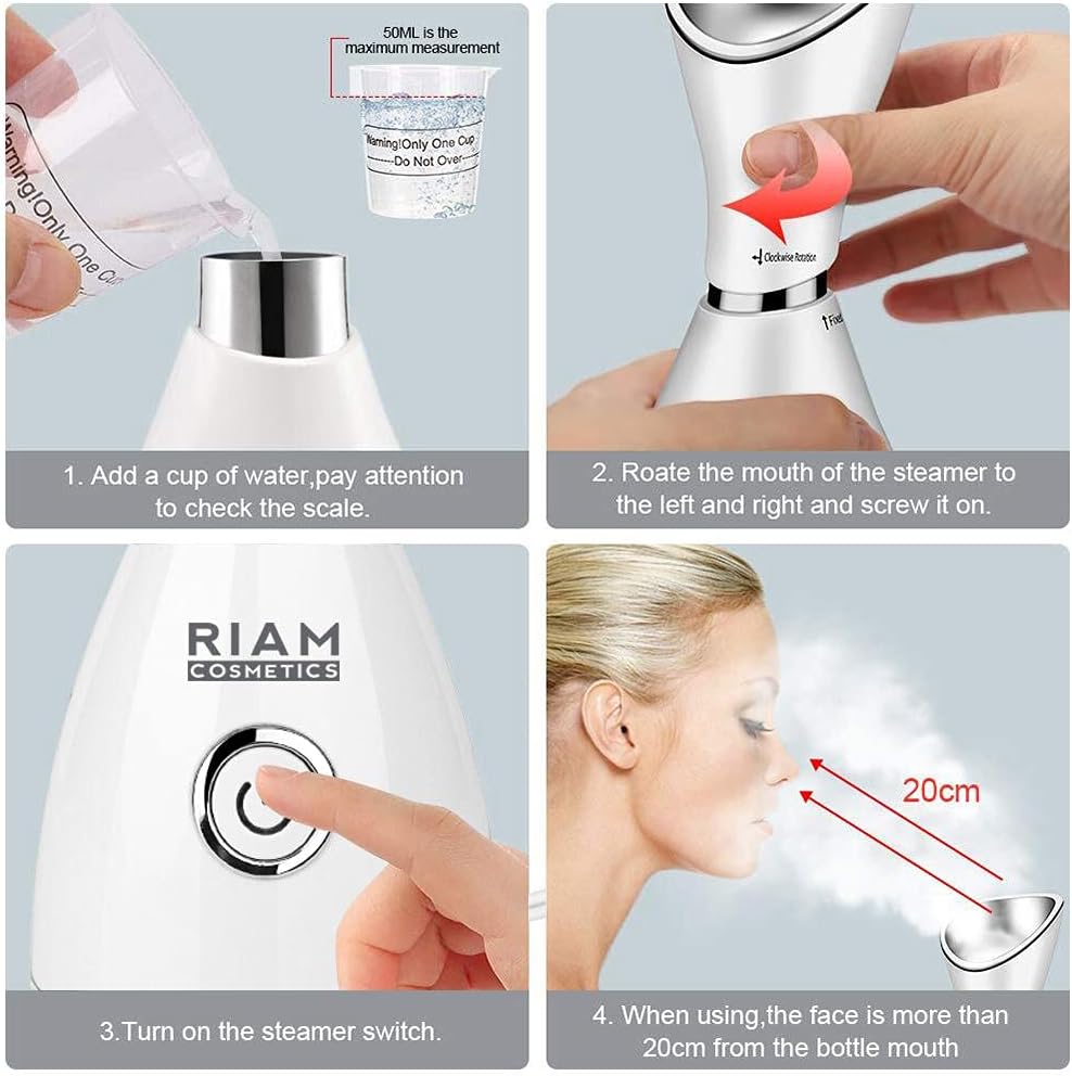 Facial Steamer RIAMCOSMETICS Nano Ionic Face Steamer Home Use Warm Mist Humidifier Steamer Face Sauna Spa Sinuses Moisturizing Deep Cleansing Pores Stainless Steel Skin Kit Blackheads Acne Skin Care