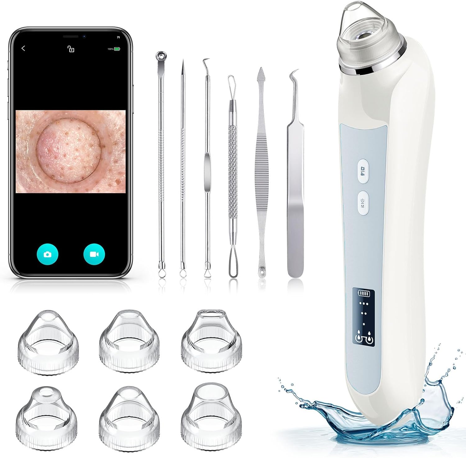 Blackhead Remover Vacuum, Black Head Extractions Tool with Camerafor, USB Interface Type Pore Vacuum, Men and Women Pore Cleaner, 6 Suction Heads  3 Adjustment Modes （Light Blue）