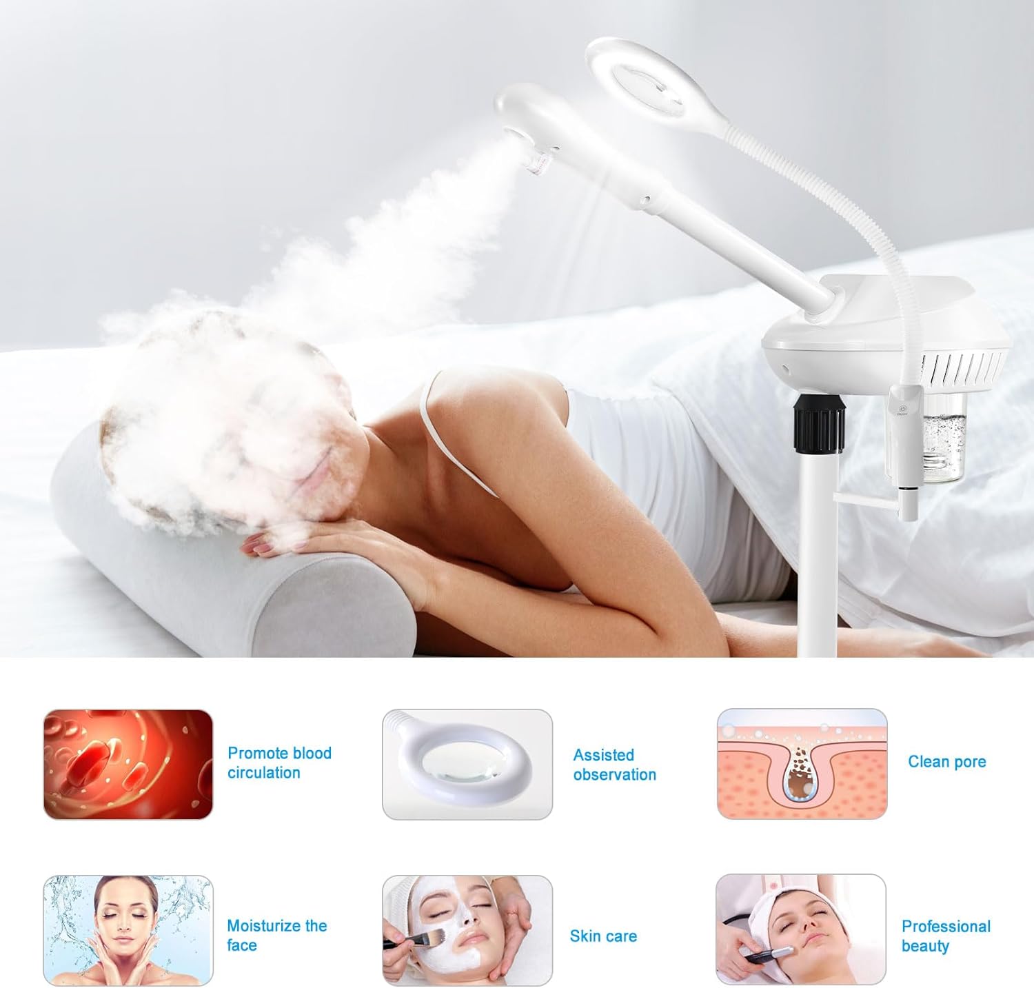 Chetunju Professional 2 in 1 Facial Steamer for Ozone Humidifier Atomizer Attach 5× Magnifier and Light, Face Steamer Clean Skin Firming Pores and Moisturizing Suitable for a Beauty, Spa, at Home